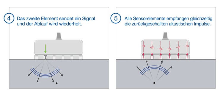 (4) Das zweite Element der FMC-Sequenz sendet ein Signal. (5) Alle Sensorelemente empfangen das zurückgeschallte Signal.