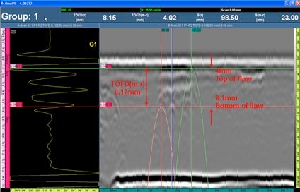 Beispiel eines TOFD-Cursors zur Bestimmung der Höhe des Defekts