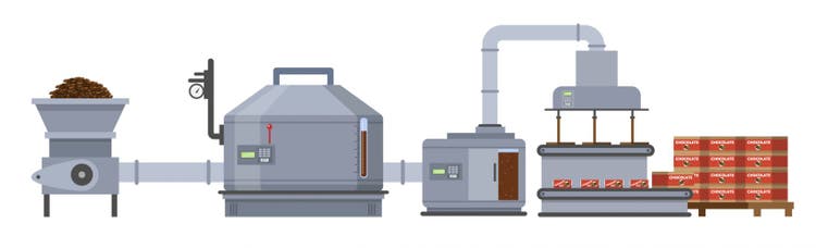 Herstellung dunkler Schokolade. Süßigkeitenherstellung mit automatisierter Fließbandproduktion.