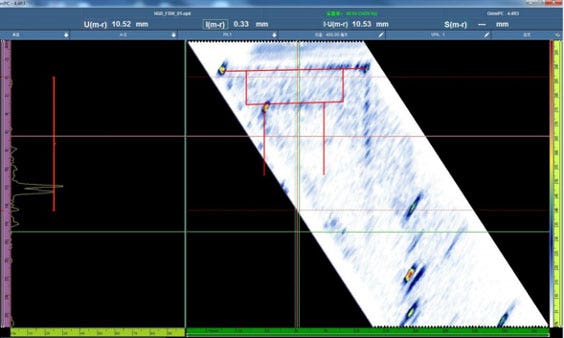 Prüfbild der Rührreibschweißnaht, bereitgestellt vom OmniScan MX2 Phased-Array-Ultraschallprüfgerät