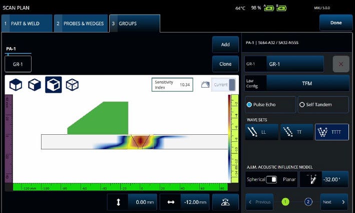 Ein Tool zur Modellierung der Amplitudenempfindlichkeit, das die Abdeckung des TFM-Modus für eine TTTT-Wellengruppe zeigt