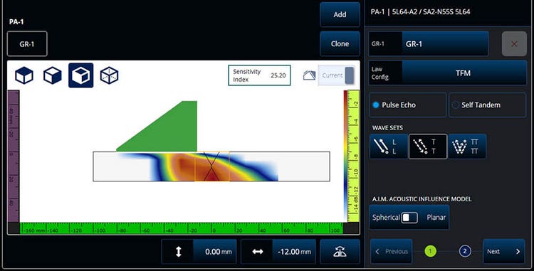 Sensormodell: 5L64-A2. Anzahl Elemente: 64. Frequenz: 5 MHz. Abstand: 0,6 mm.