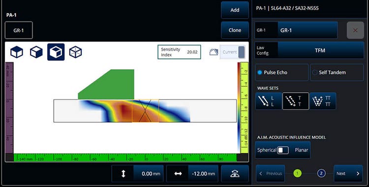 Sensormodell: 5L64-A32. Anzahl Elemente: 64. Frequenz: 5 MHz. Abstand: 0,5 mm.