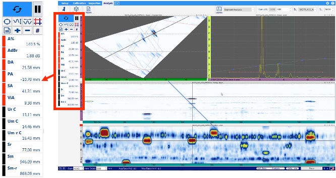 Dashboard der erweiterten WeldSight ZfP-Software zur Analyse von erfassten Daten mit dem OmniScan X3, einschließlich der Trigonometrie-Blenden-Messwerte, Cursor-Messwerte und Größenstatistiken.