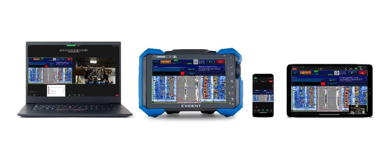 A laptop with the OmniScan X4 data displaying on its screen as well as a video image of a scanner on a pipe, positioning beside an OmniScan X4 flaw detector, a cell phone, and a tablet all displaying the same image of phased array data.