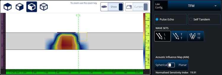 AIM-Simulation für einen Kontaktsensor für eine TFM-Prüfung im LL-Modus auf einem sphärischen Reflektor