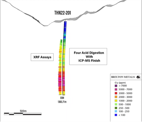 Ergebnisse der RFA und Laboranalysen für Proben vom Camp Creek Porphyry Target und Trapper Target