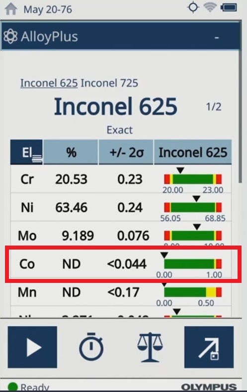 Nicht nachgewiesenes (ND) Cobalt in Werkstoffen für Medizinprodukte, angezeigt auf dem Vanta Bildschirm