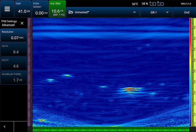 Standard-TFM-Bild (Total Focusing Method) von HTHA-Fehlern, aufgezeichnet mit dem OmniScan X3 Phased-Array-Prüfgerät