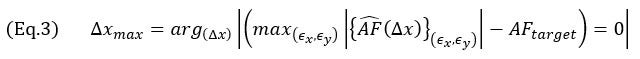 (Gleichung 3) Δx_max=〖arg〗_((Δx) ) |(max_((ϵ_x,ϵ_y ) ) |{(AF) ̂(Δx)}_((ϵ_x,ϵ_y ) ) |-〖AF〗_target )=0|