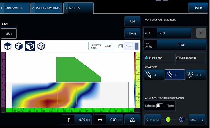 OmniScan X3 scan plan in TFM showing the Acoustic Influence Map (AIM)