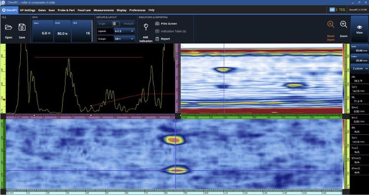 Data displayed on an OmniScan X3 unit during a test on a wind turbine blade sample using the RollerFORM XL scanner