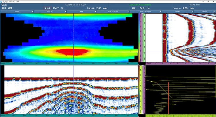 C-, B-, D-, and A-Scan views of flow-accelerated corrosion in a carbon steel pipe