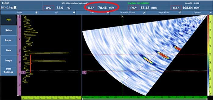 Sectorial scan showing 5 mm diameter SDHs at depths of 60 mm, 70 mm, and 80 mm