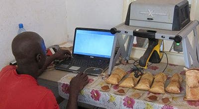 A Vanta XRF analyzer being used in the field to map rock types and alteration.