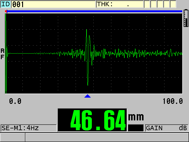 Figure 2. Correct reading after gain and TDG slope adjustment (back wall echo is clearly displayed)