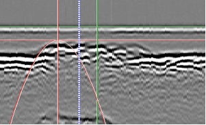 Measurement corroded area showing Thickness as 5.28 mm. Cursors are positioned at top of plate (0) and highest point of material loss. In this example there is 2.11 mm of material loss due to corrosion.