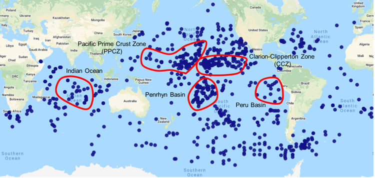 Location of all known Mn polymetallic nodules.