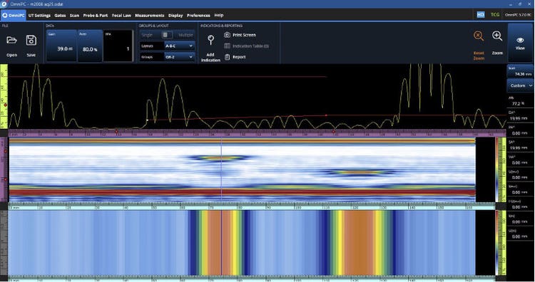 Data displayed on an OmniScan X3 flaw detector acquired using an M2008 ultrasonic transducer