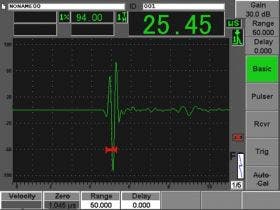 One-way transit time measurement in 3.75” (95 mm) sandstone tested with an Epoch 600 flaw detector, two V102-SB longitudinal wave transducers, and two V152-RB shear wave transducers (both 1 MHz, 1” diameter).