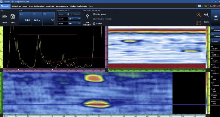 Data displayed on the OmniScan X3 phased array flaw detector during a wind blade inspection using a I5 probe