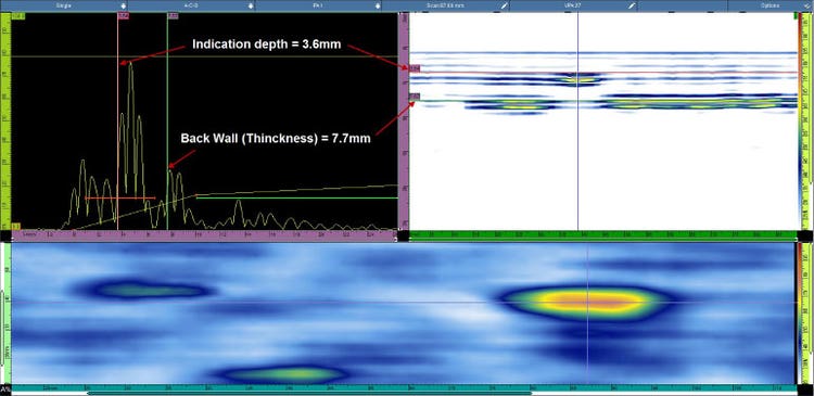 PAUT data acquired on a sample simulating lamination in the spar cap of a wind blade