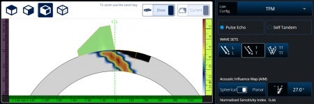 Example of an AIM simulation on a pipe wall using a probe and wedge and TT TFM wave set on a planar reflector