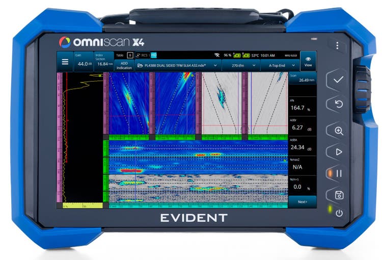 OmniScan X4 with twin TFM and PCI and a B-scan on its display