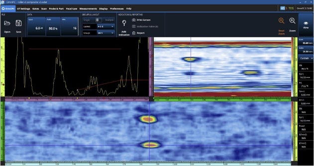 A-scan, S-scan, and amplitude C-scan data displayed on an OmniScan X3 unit