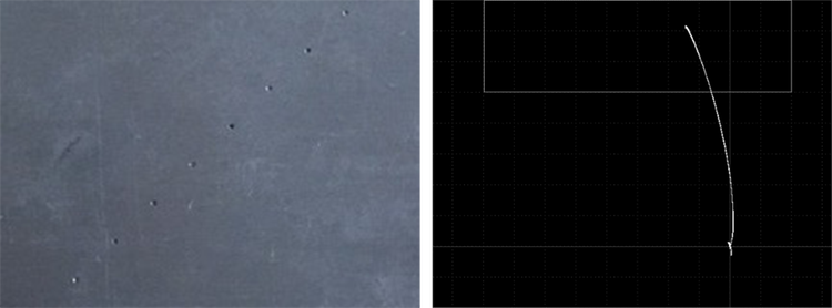 Left: Pin holes in a standard for eddy current instrument calibration. Right: Signal on the screen of a NORTEC 600 eddy current flaw detector using an absolute bridge coil probe.