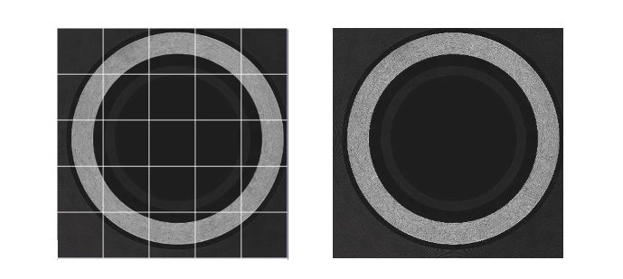 Left: individual 2D images before stitching. Right: 2D image after stitching.