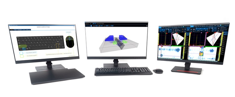 Features of OmniPC NDT data analysis software for ultrasonic phased array inspections, including shortcuts, gain, skew and offset correction, and multiple data file comparison