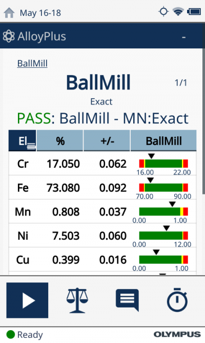 Results of ball mill testing using a Vanta XRF analyzer. The results on the left show the ball failed with only 13.5% chromium content while, on the right, the ball passed with 17% chromium content.