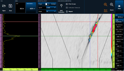 Using the tip diffraction hot spots in TFM phase coherence mode to size a defect on the OmniScan X3 64 device