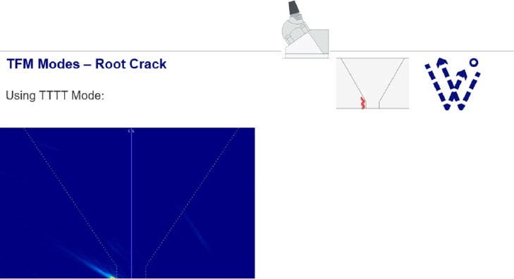 Results on the OmniScan X3 display of a probe over an ID notch in a weld using the 4T TFM wave set