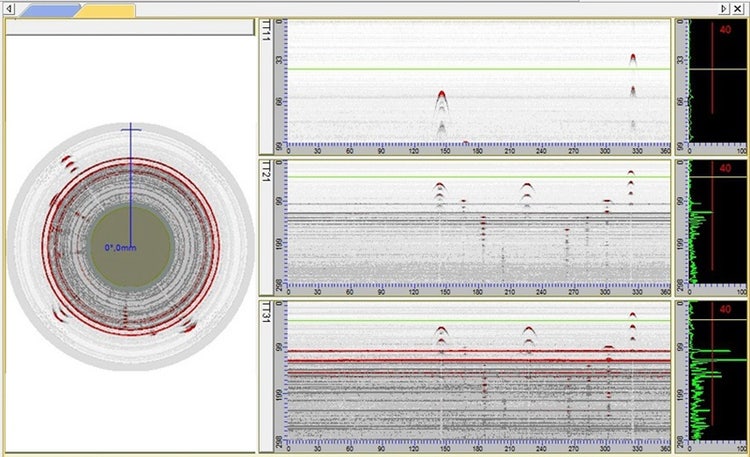 Screen of the PC running DTEC GmbH’s train wheel inspection system using phased array ultrasonic technology from Olympus