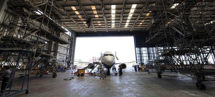 Regional passenger aircraft inside a hanger