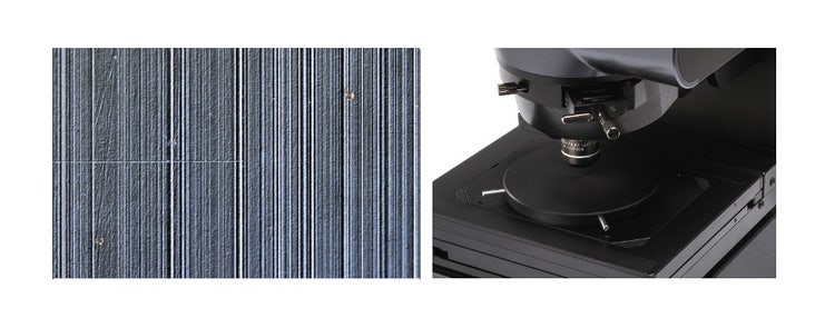 Left: the stylus can damage the sample’s surface. Right: non-contact measurement using a 3D laser confocal microscope doesn’t damage the sample.