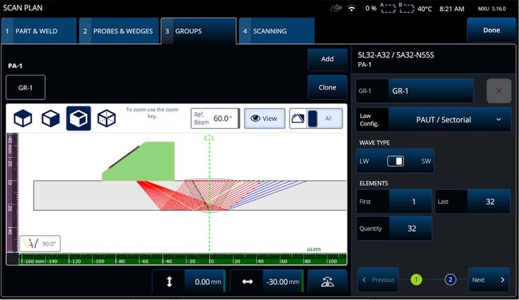 Near field of a phased array probe displayed on the groups setup tab
