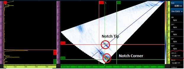 Phased array S-scan data display on the OmniScan X3 flaw detector showing a notch tip and corner reflection