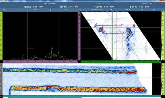 Scan images of defects detected in friction stir welding, provided by the OmniScan MX2 phased array ultrasonic testing flaw detector