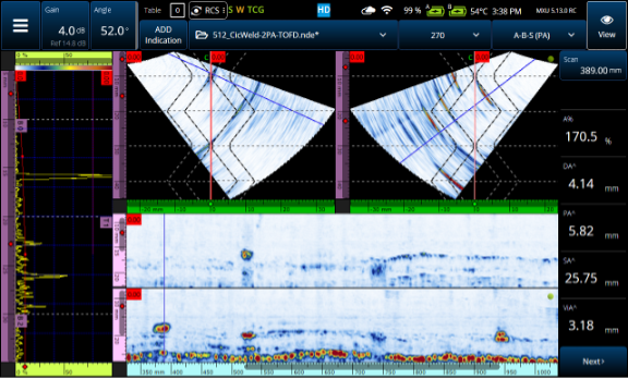 A-B-S multiple layout shows multiple B-scans simultaneously on the OmniScan X3 display