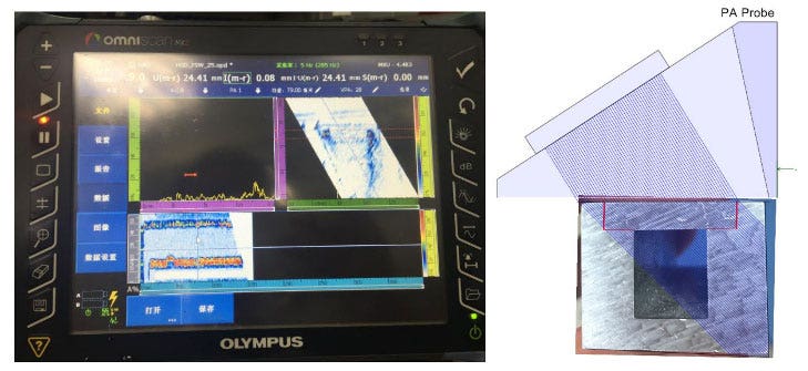 OmniScan MX2 phased array flaw detector used to inspect friction stir weld in a water cooling plate used for liquid-cold heat exchange