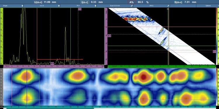 A-scan, S-scan, and C-scan views of data acquired with a standard wedge on the 4.5 in. OD pipe