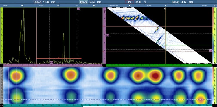 A-scan, S-scan, and C-scan views of data acquired with a PAF wedge on the 4.5 in. OD pipe