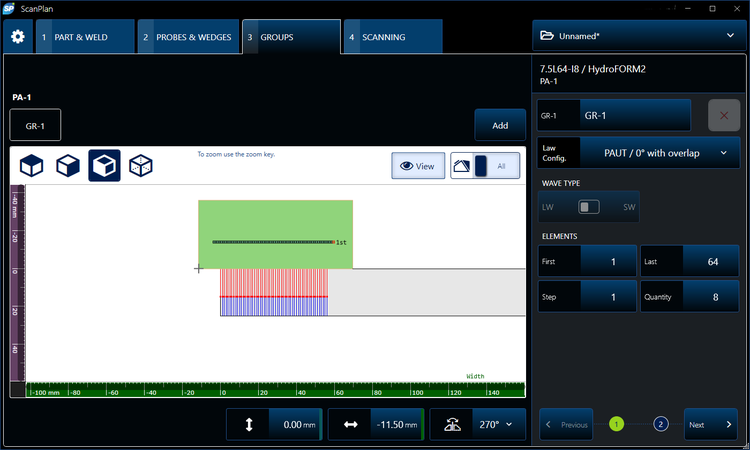 ScanPlan software Groups tab with the schema showing the beams of a probe in the part.