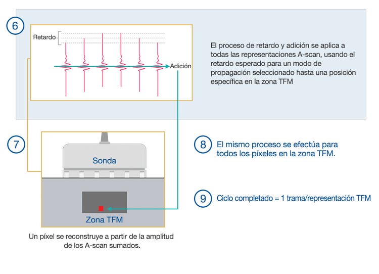 (6) Los A-scan están sujetos a un procesamiento de retardo y adición. (7) Reconstrucción TFM.