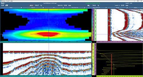 Representaciones C-, B-, D-, y A-Scan de la corrosión acelerada por flujo en una tubería de acero al carbono