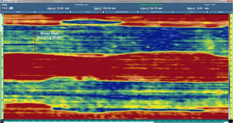 Los datos que se muestran en la unidad OmniScan MX2 se usan para dimensionar el ancho de la adherencia del alma cortante.