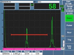 Representación del detector de defectos por ultrasonido convencional adquirida a partir de una pieza metálica con discontinuidad